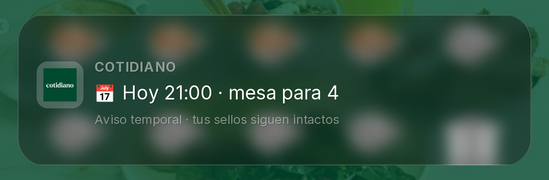 Recordatorio de reserva sobre la tarjeta de Cotidiano