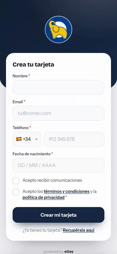 Sign-up screen: create your card